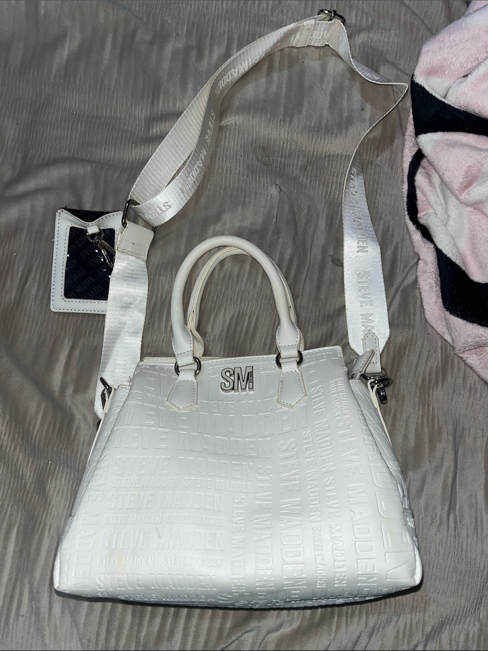 Steve Madden White Embossed Logo Satchel with Detachable Strap